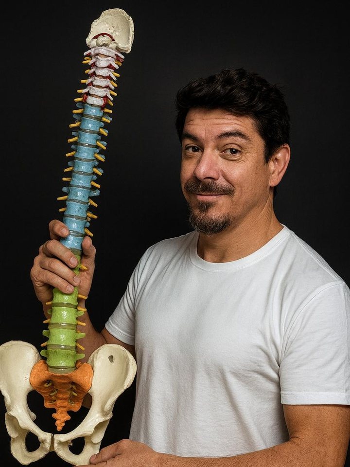 Paulo Lenz segurando um modelo anatômico da coluna vertebral, com a região lombar destacada